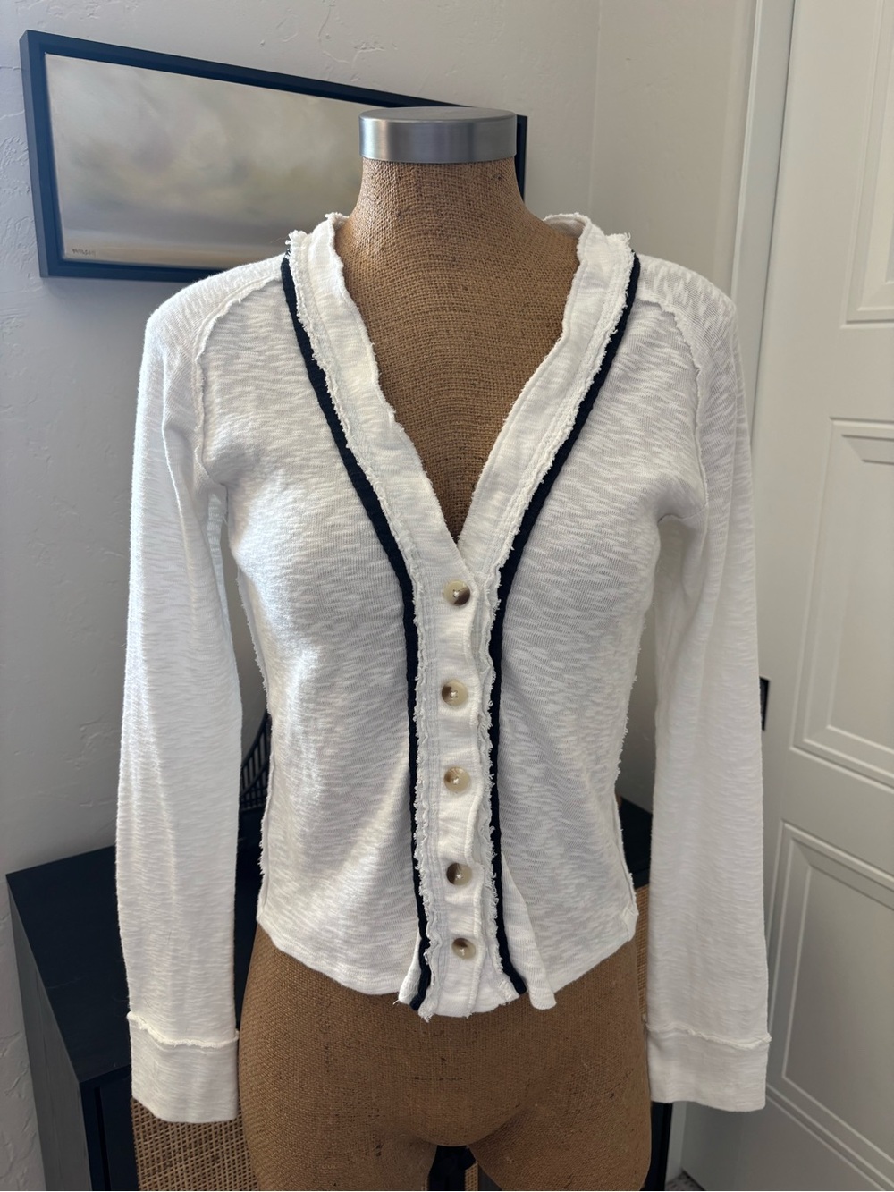 Free People White Long-Sleeve Button Front Cardigan with Navy Trim